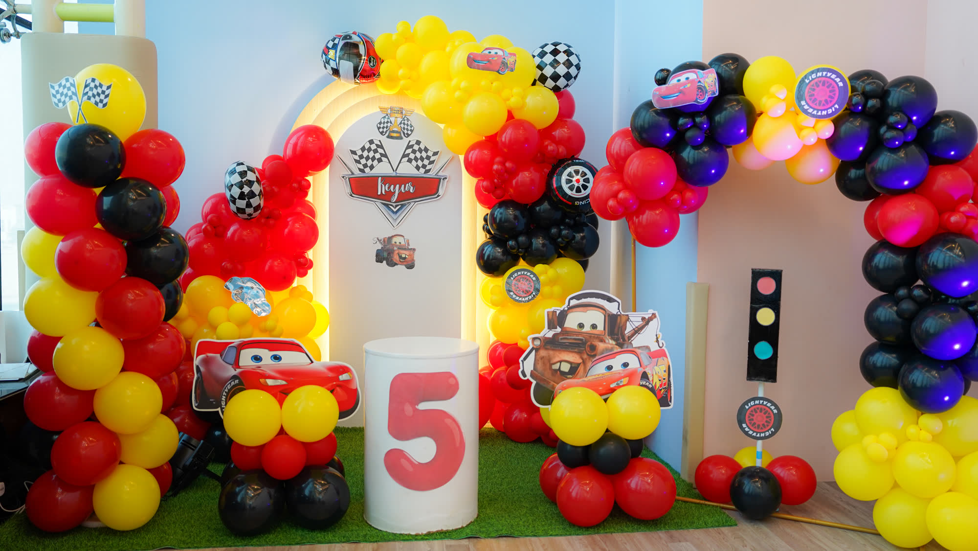 Royal birthday party with balloons and celebration